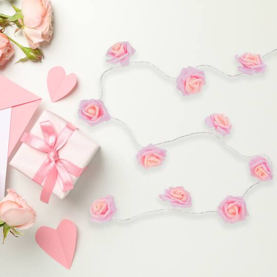 10ct. Pink Rose Flower LED String Lights with Clear Wire